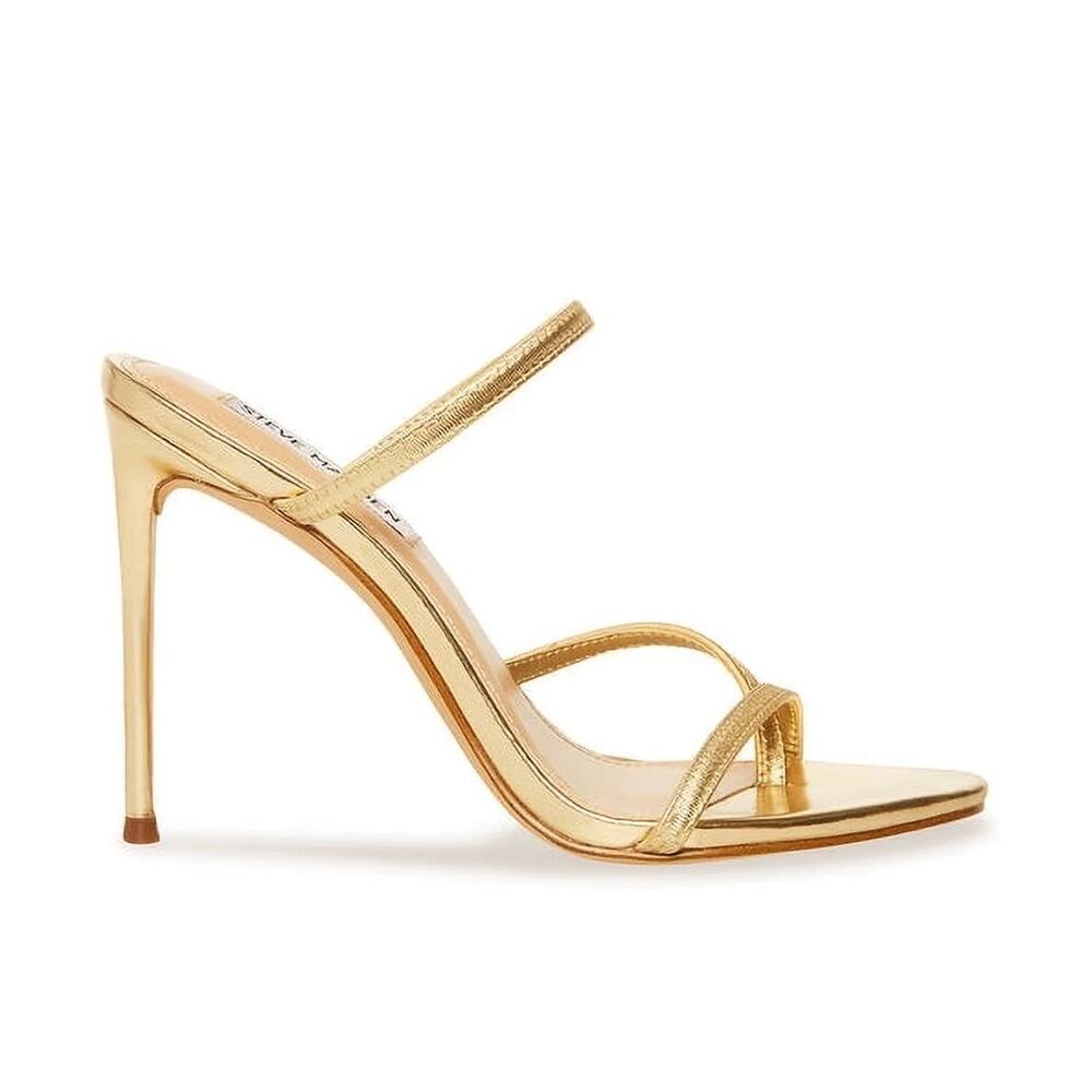 STEVE MADDEN Belleza Gold Ankle Strap Sandal Stiletto Heels Open Toe Shoes 7 EUC